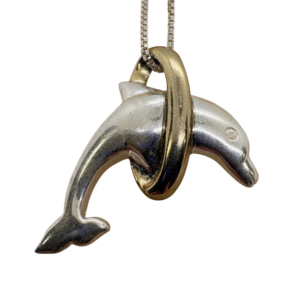 Vintage FAS 925 Sterling Silver Dolphin Pendant Necklace 18in Italy Box Chain
